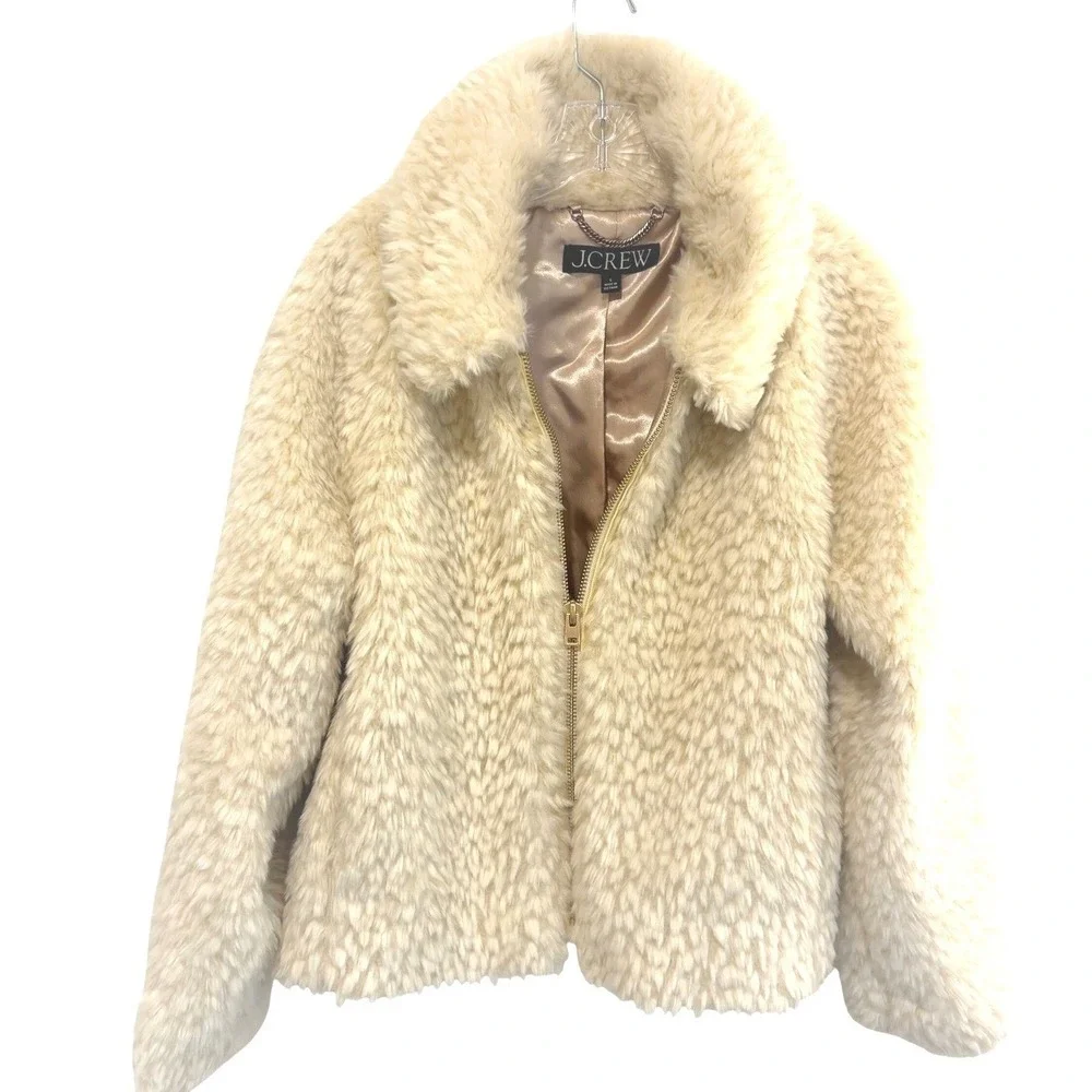 J.Crew Faux Fur Jacket Coat Womens L Ivory Cream Full Zip Teddy Bear High Pile